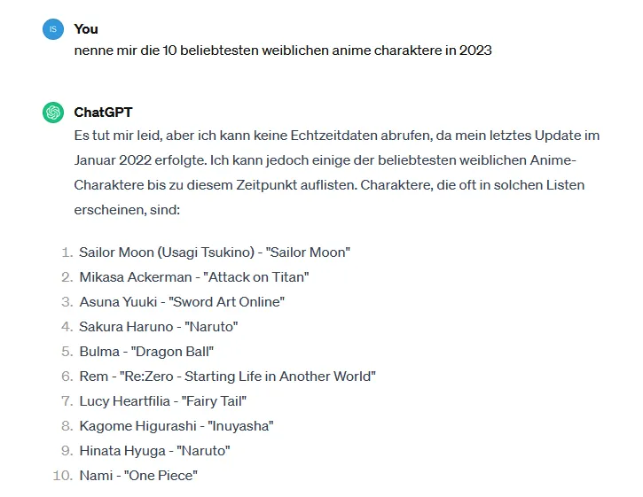 Cosplay Recherche: ChatGPTs Antwort auf die Frage welches die beliebtesten Anime Charaktere 2023 sind